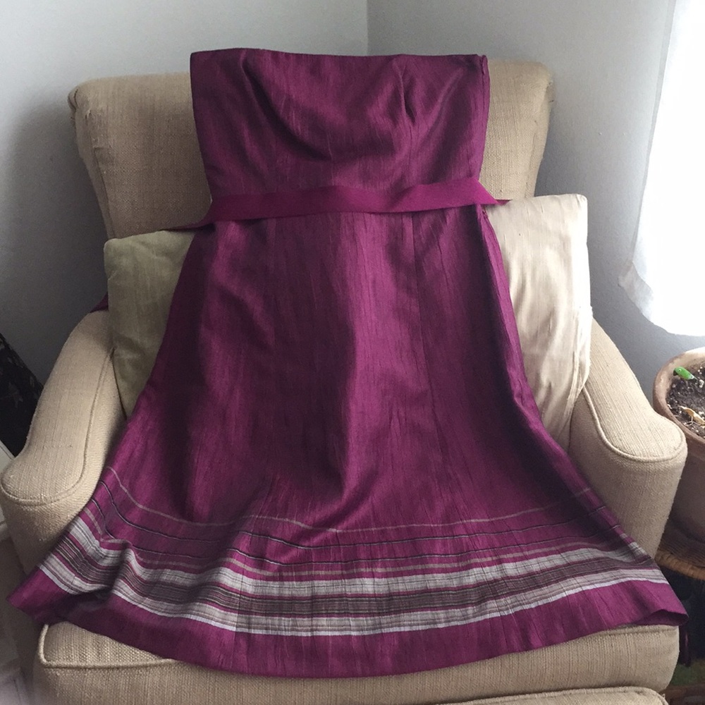 LOFT Strapless Magenta/Purple A-Line Dress with Striped Hem